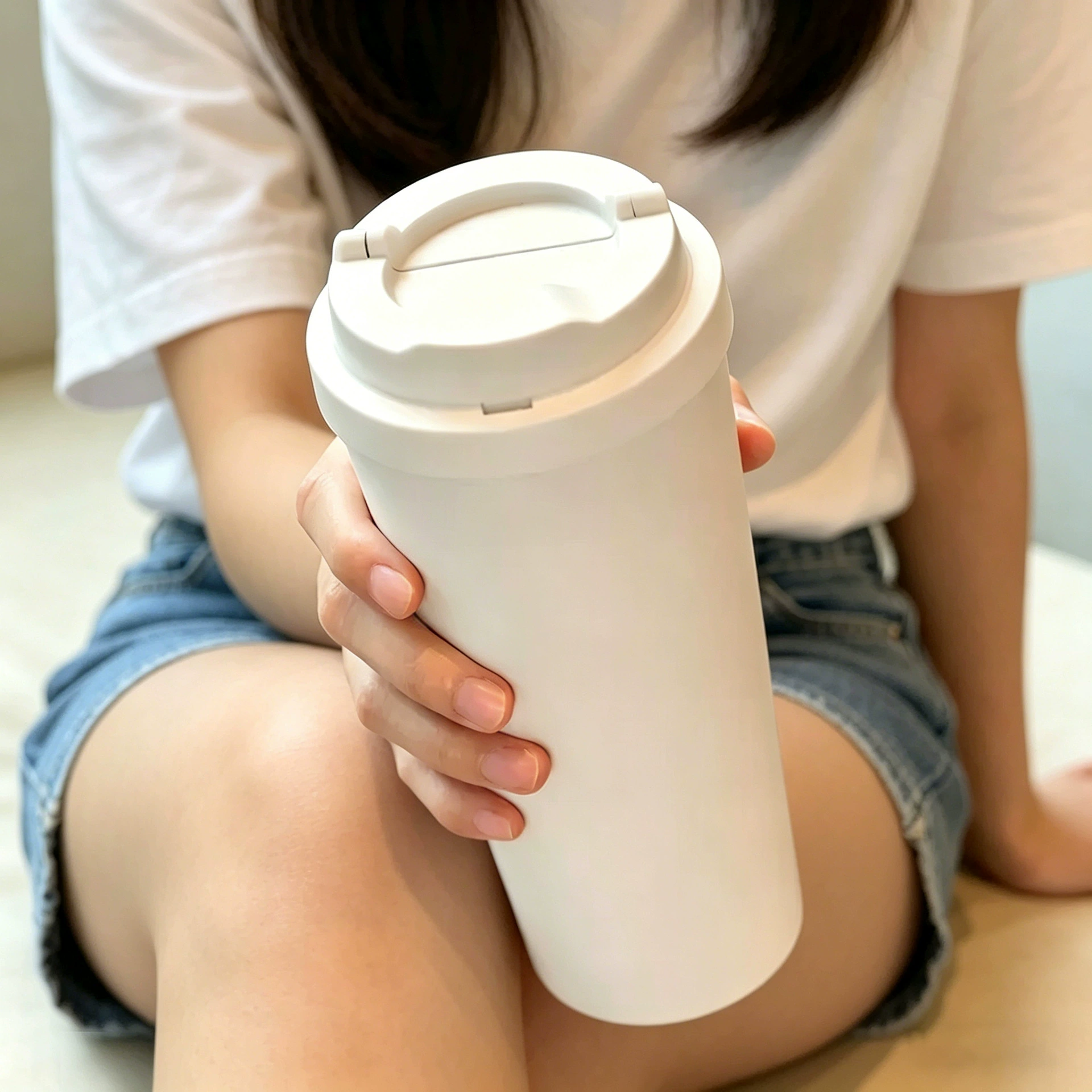 A white carry handle coffee cup held in one hand.